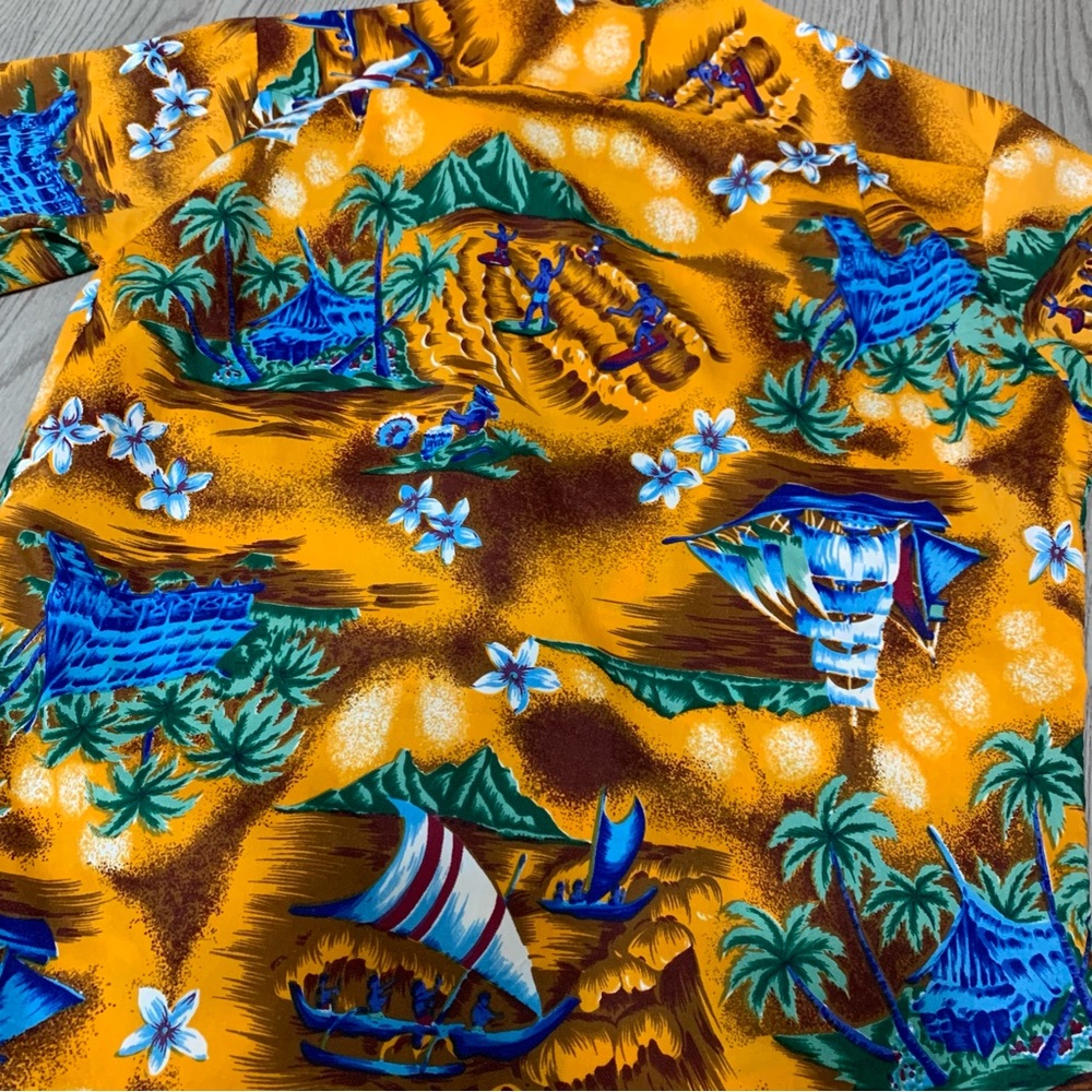 Vintage 70s 80s Romani Orange Hawaiian Shirt Surfers Hula Girl Boats Mens Small - Picture 4 of 5